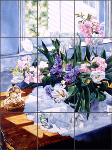 Watch and White Tulips by William C Wright Ceramic Tile Mural - POV-WWA013