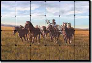 Delby Western Horse Art Tumbled Marble Tile Mural 24" x 16" - RDA003