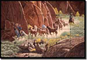 Delby Western Horses Tumbled Marble Tile Mural 24" x 16" - RDA004
