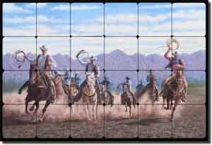 Delby Western Cowboys Tumbled Marble Tile Mural 24" x 16" - RDA005
