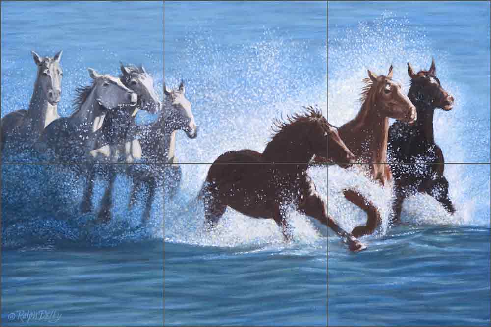 Horses in the Surf by Ralph Delby Ceramic Tile Mural RDA010