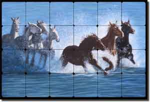 Delby Horses Surf Art Tumbled Marble Tile Mural 24" x 16" - RDA010