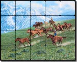 Delby Western Cowboy Horses Tumbled Marble Tile Mural 20" x 16" - RDA013