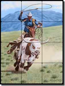 Delby Western Cowboy Tumbled Marble Tile Mural 18" x 24" - RDA015