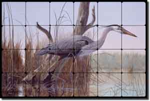Binks Heron Wildlife Tumbled Marble Tile Mural 24" x 16" - REB001