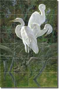 Three Egrets by Robert Binks Glass Tile Mural 24" x 36" - REB013