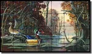 At Home on Mingo Creek by Robert Binks Tumbled Marble Tile Mural 28" x 16" - REB019