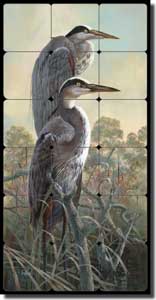 Binks Wildlife Herons Tumbled Marble Tile Mural 12" x 24" - REB020