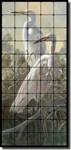Binks Wildlife Egrets Tumbled Marble Tile Mural 20" x 44" - REB021
