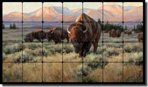 Aldrich Buffalo Bison Tumbled Marble Tile Mural 28" x 16" - RW-EA011