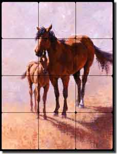Rey Mustang Horses Tumbled Marble Tile Mural 18" x 24" - RW-JRA003