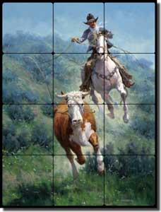 Rey Western Cowboy Tumbled Marble Tile Mural 12" x 16" - RW-JRA005