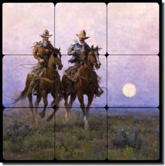Rey Western Cowboys Tumbled Marble Tile Mural 12" x 12" - RW-JRA007