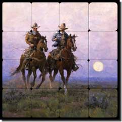 Rey Western Cowboys Tumbled Marble Tile Mural 16" x 16" - RW-JRA007
