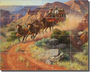 Sorenson Western Stagecoach Glass Wall Floor Tile Mural 30" x 24" - RW-JS001