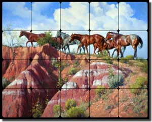 Sorenson Western Horses Tumbled Marble Tile Mural 20" x 16" - RW-JS003