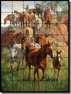 Sorenson Western Horses Tumbled Marble Tile Mural 24" x 32" - RW-JS004