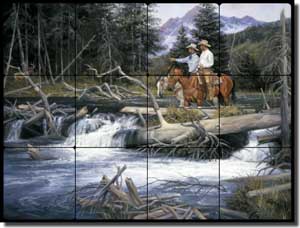 Sorenson Western Cowboys Tumbled Marble Tile Mural 24" x 18" - RW-JS015