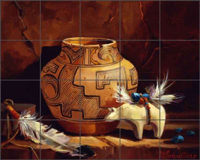 Bear Fetish with Zuni Pot by Maxine Johnston Ceramic Tile Mural RW-MJA018