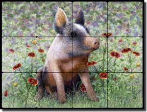 Matcham Pig Animal Tumbled Marble Tile Mural 16" x 12" - RW-MM006