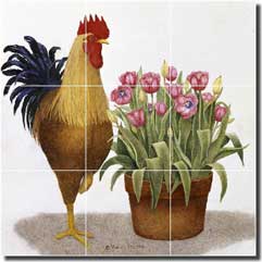 Matcham Rooster Tulip Glass Tile Mural 18" x 18" - RW-MM015