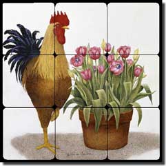 Matcham Rooster Tulip Tumbled Marble Tile Mural 12" x 12" - RW-MM015