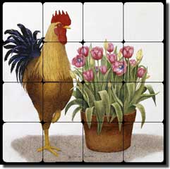 Matcham Rooster Tulip Tumbled Marble Tile Mural 16" x 16" - RW-MM015