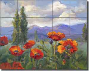 Oleson Poppy Floral Landscape Glass Tile Mural 30" x 24" - RW-NO003