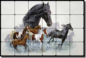 Forget Horses Equine Tumbled Marble Tile Mural 24" x 16" - RW-VFA004