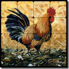 Altman Rooster Tumbled Marble Tile Mural 16" x 16" - RWA009