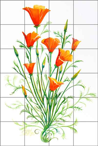 California Poppy by Susan Libby Ceramic Tile Mural - SLA042