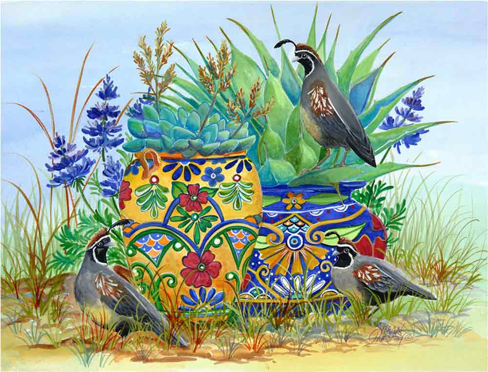 Morning Quail and Pots by Susan Libby Accent & Decor Tile SLA077AT
