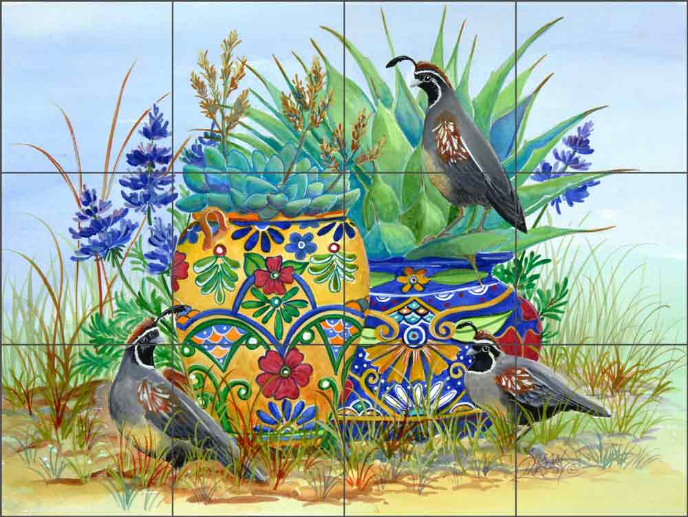Morning Quail and Pots by Susan Libby Ceramic Tile Mural SLA077