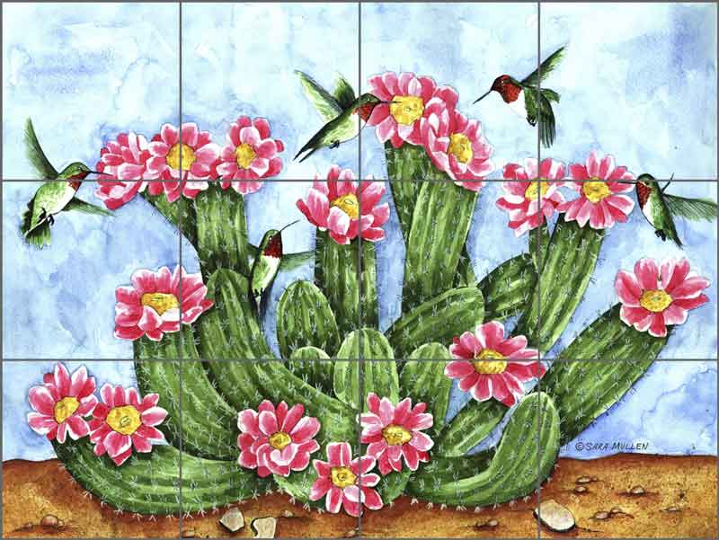 Cactus with Hummingbirds by Sara Mullen Ceramic Tile Mural SM049