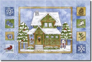 Cabin in the Woods - Winter by Sara Mullen - Lodge Art Tumbled Marble Tile Mural 16" x 24" Kitchen S