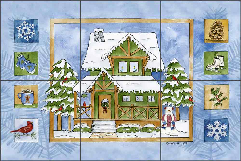 Cabin in the Woods - Winter by Sara Mullen Ceramic Tile Mural SM062