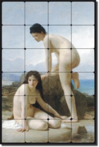 Two Bathers by William Bouguereau- Old World Tumbled Marble Tile Mural 24" x 16" Kitchen Shower Back