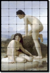 Two Bathers by William Bouguereau - Old World Tumbled Marble Tile Mural 36" x 24" Kitchen Shower Bac