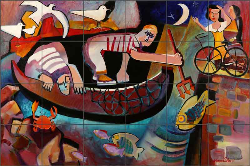 Night Fishing with Picasso by Warren Cullar Ceramic Tile Mural - WC121