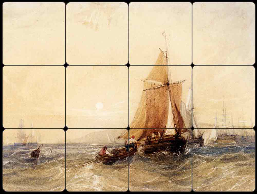 Fishing Boats off the Coast at Sunset by William Callow Tumbled Marble Tile Mural WC2-001
